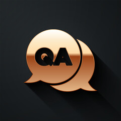 Gold Speech bubbles with Question and Answer icon isolated on black background. Q and A symbol. FAQ sign. Chat speech bubble and chart. Long shadow style. Vector