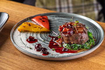 Grilled beef tenderloin steak. Restaurant menu, dieting.