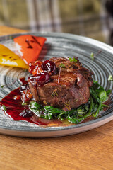 Grilled beef tenderloin steak. Restaurant menu, dieting.