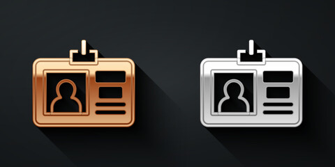 Gold and silver Identification badge icon isolated on black background. It can be used for presentation, identity of the company, advertising. Long shadow style. Vector