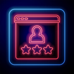 Glowing neon Consumer or customer product rating icon isolated on black background. Vector