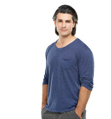 Obraz premium Portrait, fashion and mature man with confidence, casual and cool guy isolated on a white studio background. Person, handsome and model with health, comfortable clothes and proud with wellness
