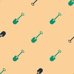 Green and black Shovel icon isolated seamless pattern on beige background. Gardening tool. Tool for horticulture, agriculture, farming. Vector