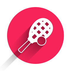 White Tennis racket with ball icon isolated with long shadow background. Sport equipment. Red circle button. Vector