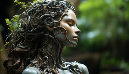A beautiful woman in traditional clothing, adorned with jewelry and sculpture generated by AI