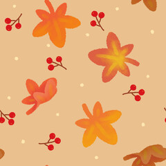 Seamless pattern with maple leaves and berries.