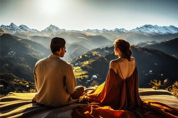 A young couple on a romantic picnic, surrounded by the breathtaking beauty of mountains and valleys.