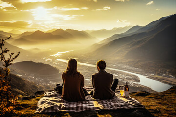 A young couple on a romantic picnic, surrounded by the breathtaking beauty of mountains and valleys.