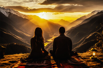 A young couple on a romantic picnic, surrounded by the breathtaking beauty of mountains and valleys.