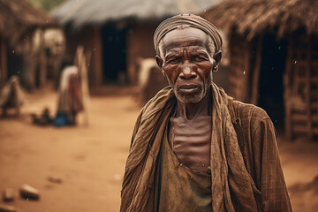West African senior in front of mud hut - obrazy, fototapety, plakaty