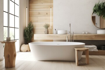 White bleached japandi bathroom with close-up view of freestanding bathtub and wooden washbasin in farmhouse interior design. Generative AI - obrazy, fototapety, plakaty