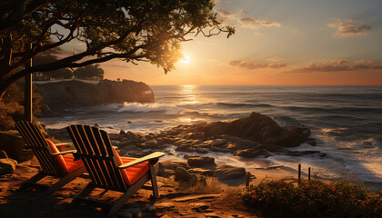 Sunset over tranquil coastline, waves crash on sandy shores, nature beauty generated by AI