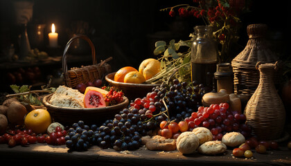 Fototapeta na wymiar Freshness of nature bounty grape, pumpkin, tomato, apple, berry, orange generated by AI