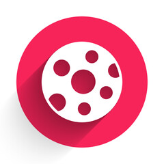 White Full moon icon isolated with long shadow background. Cloudy night sign. Sleep dreams symbol. Night or bed time sign. Red circle button. Vector