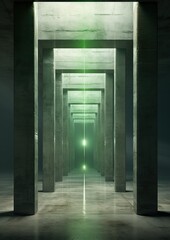 Fototapeta premium Underground Corridor with massive columns, an empty hallway in an abandoned, huge building, in the style of surreal 3d landscapes, monolithic structures, futuristic fragmentation, columns and totems