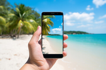 翻訳の結果
Use your smartphone camera to take pictures of the palm trees and white sand of a tropical beach at your travel destination.