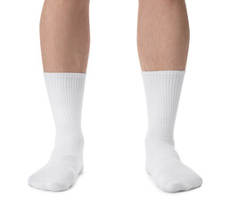Man in stylish socks on white background, closeup