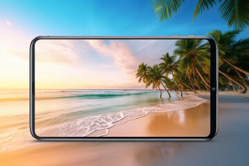 Take a photo of a tropical beach with a palm tree and white sand at sunset using your smartphone camera.