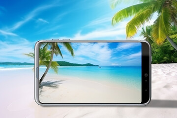 翻訳の結果
Use your smartphone camera to take pictures of the palm trees and white sand of a tropical beach at your travel destination.