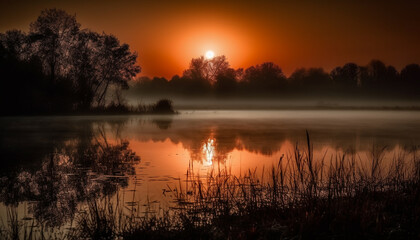 Tranquil sunset over water, reflecting the beauty in nature silhouette generated by AI