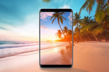 Take a photo of a tropical beach with a palm tree and white sand at sunset using your smartphone camera.
