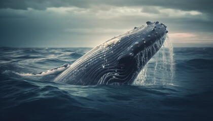 Fototapeta premium A majestic humpback whale breaches, splashing in the blue sea generated by AI