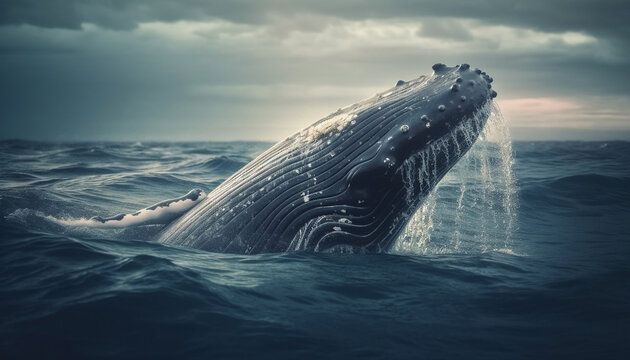 A majestic humpback whale breaches, splashing in the blue sea generated by AI