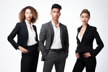 Strength in Diversity: A Multicultural Business Team Stands Together, United on a White Background, Smartly Dressed, Blending Experience and Youthful Energy