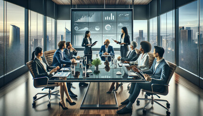 Global Business Strategy: Diverse Professionals in Modern Conference Room