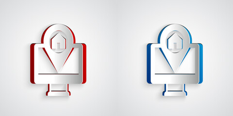 Paper cut Computer monitor and folded map with location marker icon isolated on grey background. Paper art style. Vector