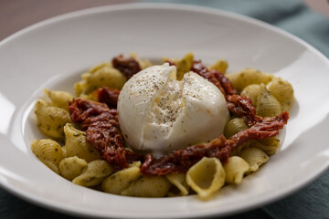Closeup of pesto conchiglie with sundried tomatoes and burrata cheese served in white plate