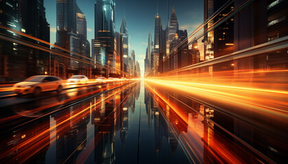 Fototapeta na wymiar Night car speed, traffic rush, cityscape motion, illuminated skyscrapers generated by AI
