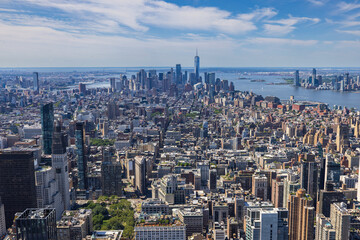 High angle, elevated view of South Manhattan and the Hudson river taken from the Empire State...