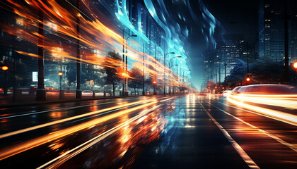 Fototapeta na wymiar Night traffic speed, car blur motion, cityscape transportation, city life architecture generated by AI