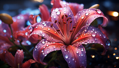 Freshness and beauty in nature  a vibrant, wet, pink flower generated by AI