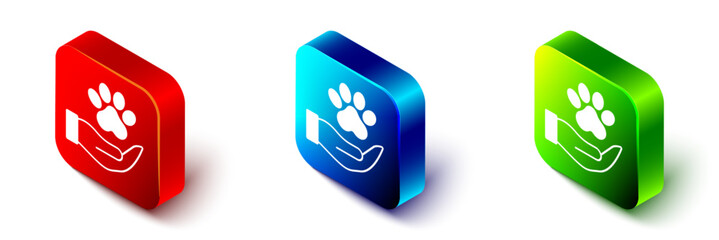 Isometric Hands with animals footprint icon isolated on white background. Pet paw in heart. Love to the animals. Red, blue and green square button. Vector