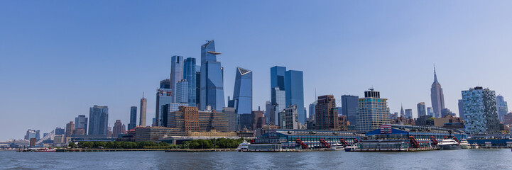 Skyline view of the Hudson Yards, Chelsea Piers and Midtown Manhattan as seen from a boat on the Hudson river, New York City, USA