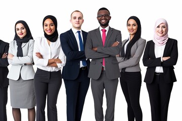 Harmony in Business: A Multicultural Team Stands United on a White Background, Smartly Dressed, Demonstrating the Beauty of Age Diversity in the Corporate World