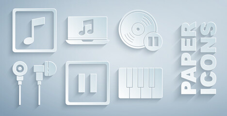 Set Pause button, Vinyl disk, Air headphones, Music synthesizer, Laptop with music note and note, tone icon. Vector