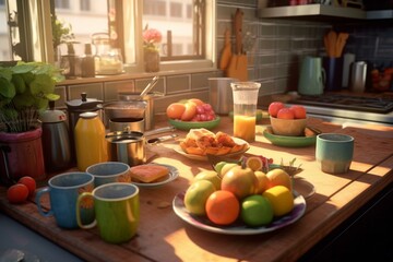 Obraz na płótnie Canvas Cozy kitchen with vibrant food and drinks. Generative AI