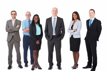 Harmony in Business: A Multicultural Team Stands United on a White Background, Smartly Dressed, Demonstrating the Beauty of Age Diversity in the Corporate World
