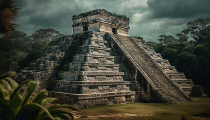 Ancient pyramid staircase in tropical rainforest, a ruined international landmark generated by AI