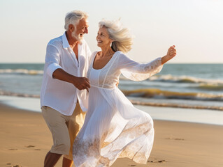 A romantic old couple is dancing on the beach while enjoying the cool air