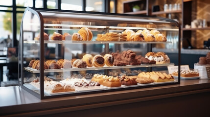 various kinds of delicious chocolate cookies in glass display cases