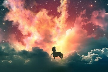 Fototapeta premium A unicorn silhouette in a celestial cloud. Generative AI