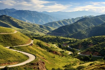 Scenic mountain landscape with winding road, rural surroundings, and beautiful natural views. Ideal for adventurous road trips. Generative AI