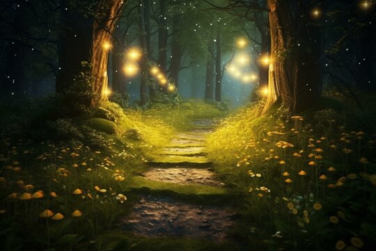 a forest path with lights hanging from trees and mossy ground on either side, with a path having yellow flowers and leaves on the other side. Generative AI © Theron