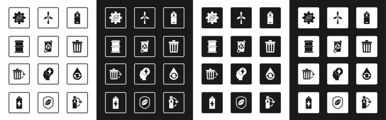 Set Battery, Recycle bin with recycle, Barrel, Leaf plant gear machine, Trash can, Wind turbine, clean aqua and icon. Vector
