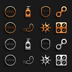 Set Virus, Pills in blister pack, Corona virus covid-19, Shield protecting from, 2019-nCoV and Bottle of liquid antibacterial soap icon. Vector