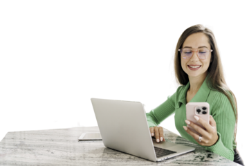 In the company's office assistant, a woman uses a laptop computer to work. Employee modern style youth online work on the internet. Transparent isolated background.